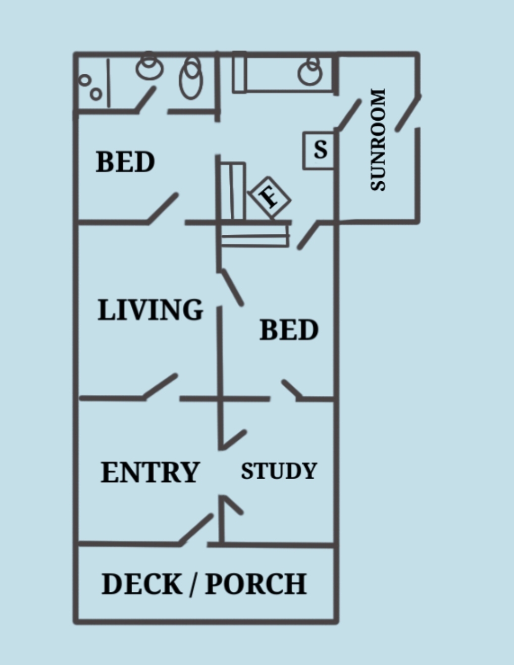 Shooks Run floor plan — 2 bed, living, study, sunroom, deck/porch